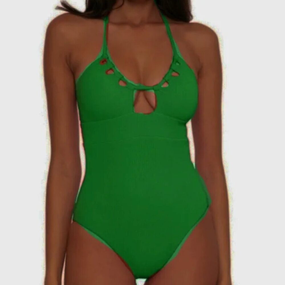 BECCA Pucker Up Candice Large Green Textured Halter Cut Out One Piece Swimsuit
